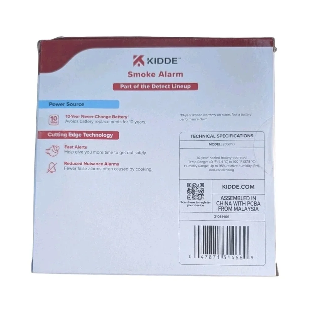 Kidde 20SD10 10-Year Lithium Battery Powered Smoke Detector Never Change Battery